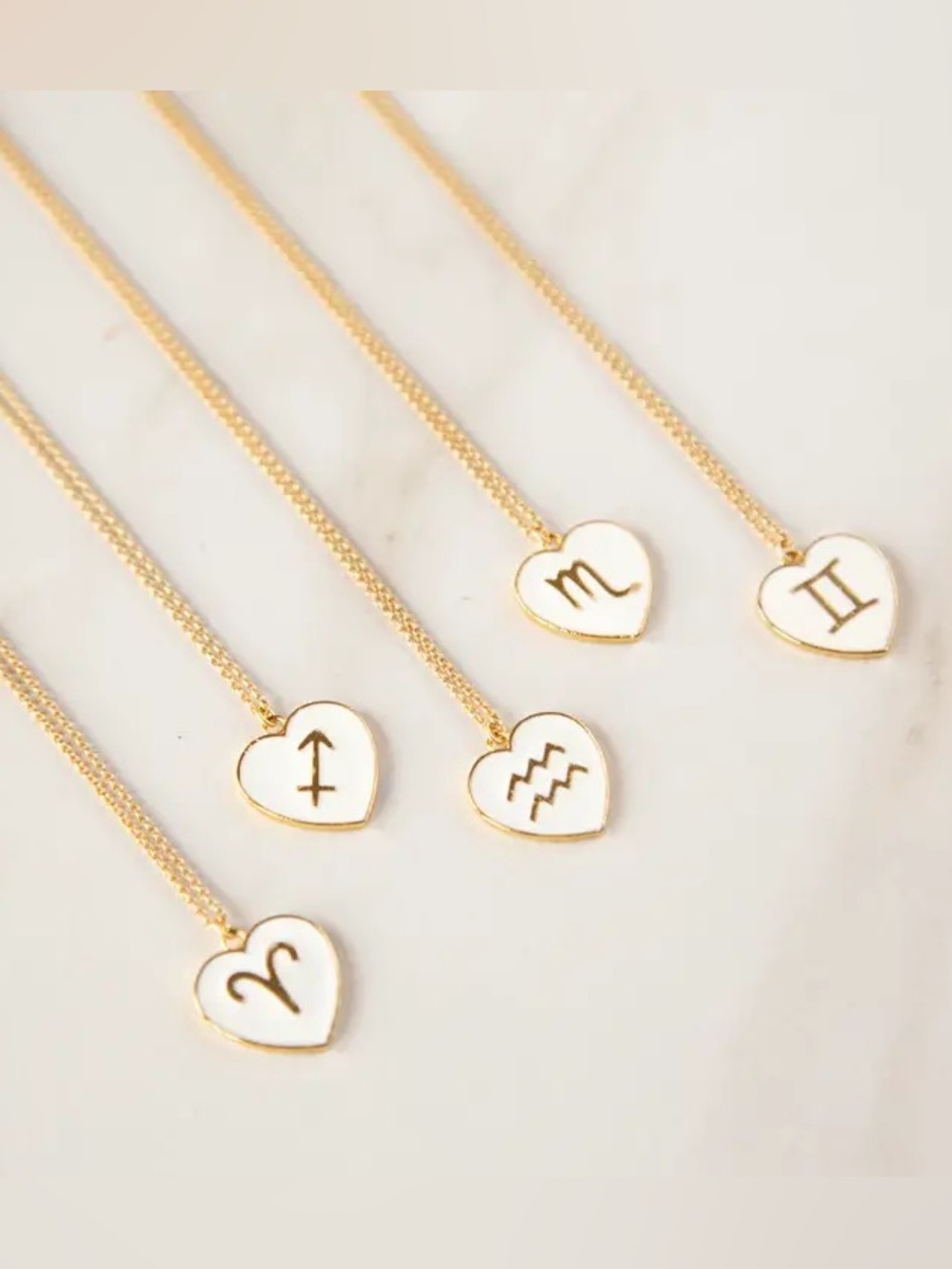 Gold Heart Zodiac Pendant Necklace - White Enamel